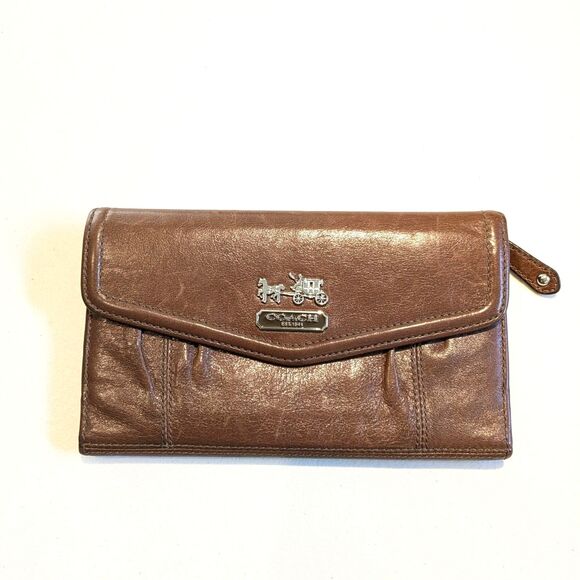 Coach Madison Brown Pleated Leather Trifold Wallet Credit Card ID Window 8 x 5 - Picture 1 of 13